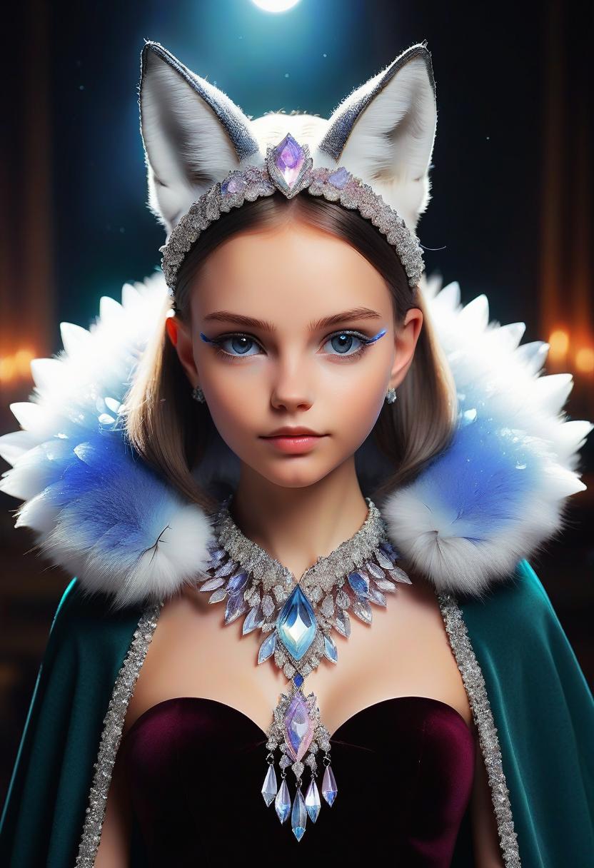  girl from crystals. tiadem in the form of silver ears of a fox made of crystals. collar by a fan of colored crystals. velvet cape