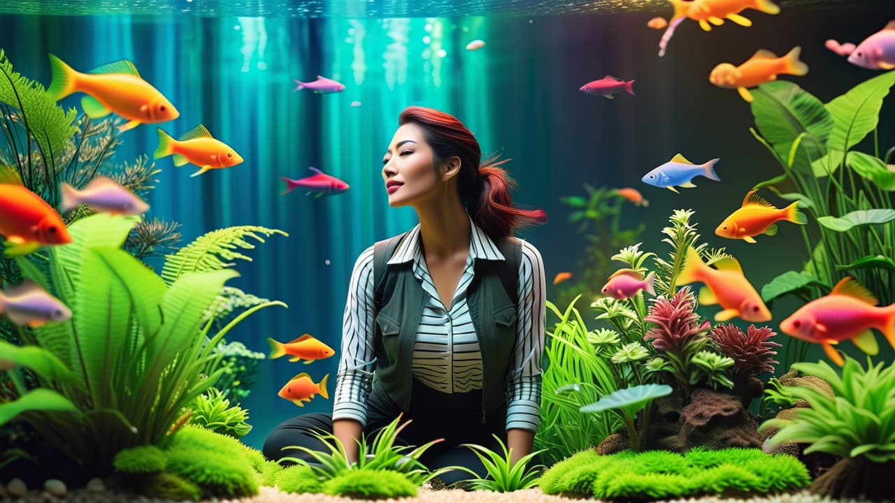  a vibrant aquarium filled with colorful fish, lush aquatic plants, and a bubbling filter, surrounded by serene lighting, showcasing a person gently observing the tank with a peaceful smile, embodying relaxation and joy. hyperrealistic, full body, detailed clothing, highly detailed, cinematic lighting, stunningly beautiful, intricate, sharp focus, f/1. 8, 85mm, (centered image composition), (professionally color graded), ((bright soft diffused light)), volumetric fog, trending on instagram, trending on tumblr, HDR 4K, 8K