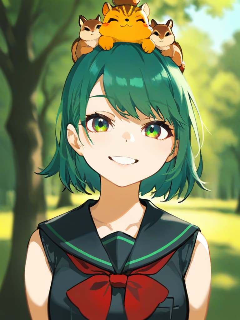  1girl,18yo,(((black high school uniform:1.5))),green hair, (((green graduated haircut hair:1.5))),(((very smile:1.3))),chipmunk,(((chipmunk on head:1.8)))