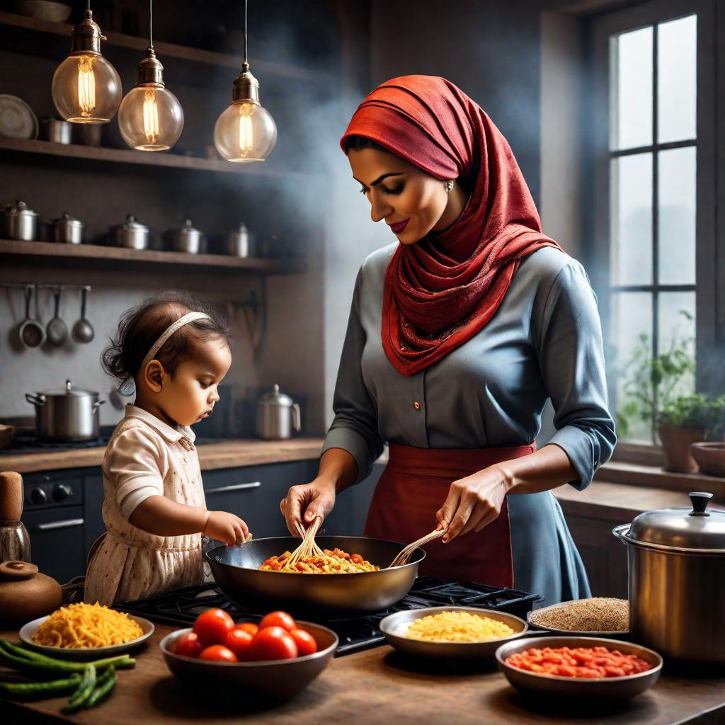  a woman in a headscarf is cooking in the kitchen with her child. hyperrealistic, full body, detailed clothing, highly detailed, cinematic lighting, stunningly beautiful, intricate, sharp focus, f/1. 8, 85mm, (centered image composition), (professionally color graded), ((bright soft diffused light)), volumetric fog, trending on instagram, trending on tumblr, HDR 4K, 8K