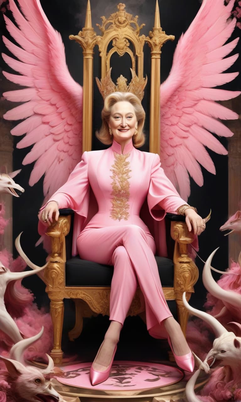  concept art pink, gold, black, white hell meryl streep . digital artwork, illustrative, painterly, matte painting, highly detailed, perfect hands