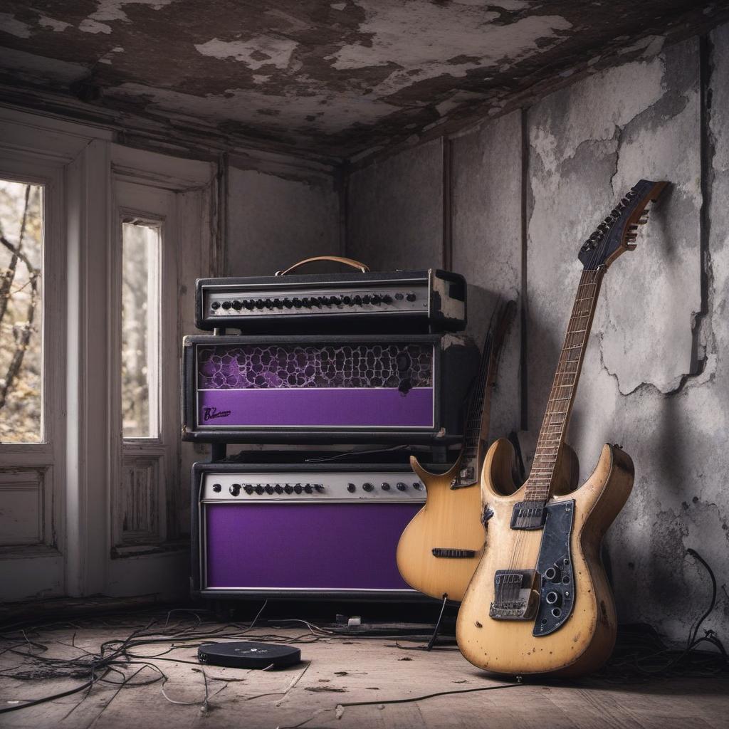  chambre abandonnée en ruine avec une guitare électrique et amplificateur violet , profile image style