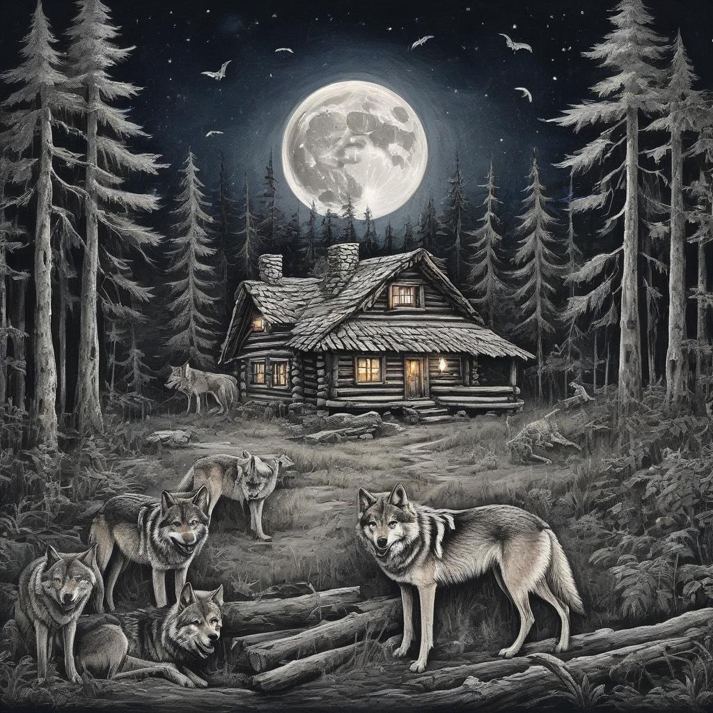  drawing. night, moon, old little log house surrounded by dense forest. in the foreground are wolves