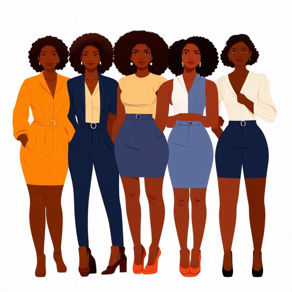  flat illustration, flaticon, (illustration:1.15), group of women. sisterhood concept. illustrations of 6 women with different skin colors who stand next to each other. flat vector on white background, [cory loftis, strobist, pascal campion :: 0.2]