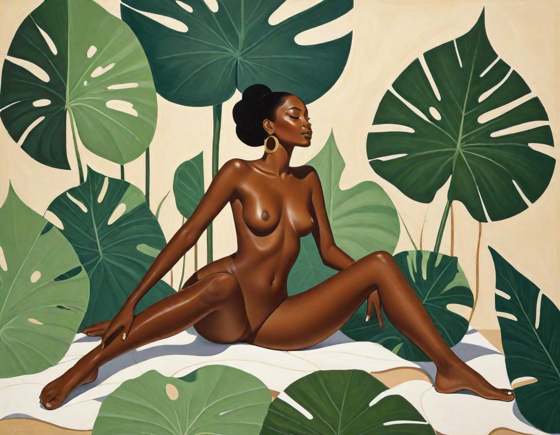  minimalism, painting of a beautiful black woman. she lays, surrounded by elephant ear leaves. naked. she has brown legs. she has brown feet. she is in a divine pose., abstract, simple geometic shapes, hard edges, sleek contours, minimalism