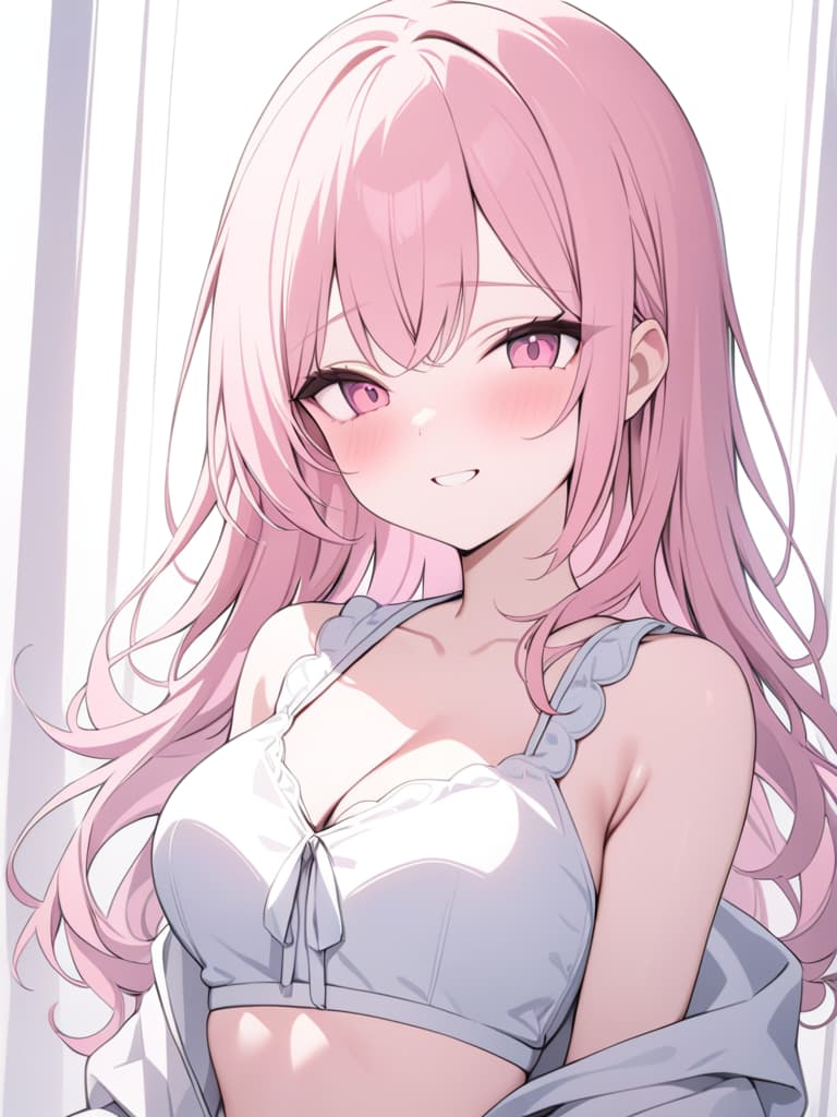  pink hair, curly hair, smile, girl, shy, long, masterpiece, best quality,8k,ultra detailed,high resolution,an extremely delicate and beautiful,hyper detail