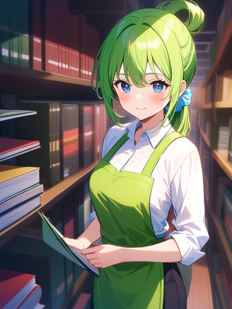  (hd:1.3),(4k 8k:1.5)apron,black pants,clothing,collared shirt,green apron,hair accessory,long sleeves,pants,polka dot pattern,long ponytail,scrunchie,shirt,tied hair,white shirt,blue eyes,green hair,(very smile:1.3),(blush:1.2),(inside a library filled with books) woman,long hair,standing