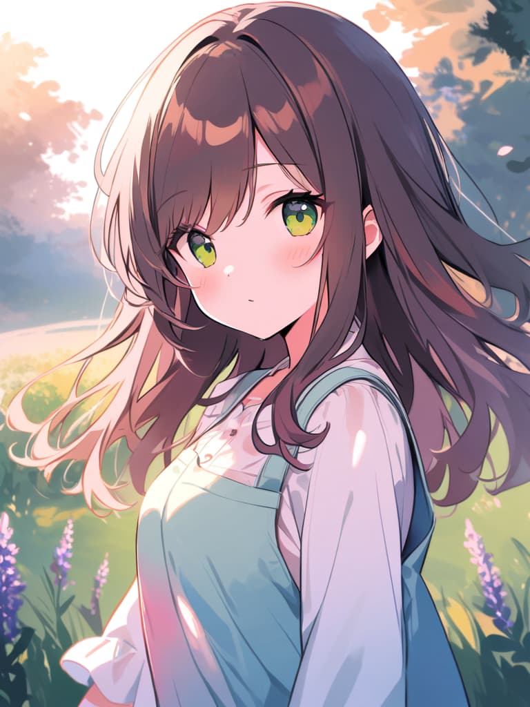  masterpiece,(pastel watercolor style in pink,light blue,green and white:1.5),(meadow with heather bloom:1.5),( beautiful girl),(green eye color:1.5)(long brown hair:2.0),,sunset,high quality,8k