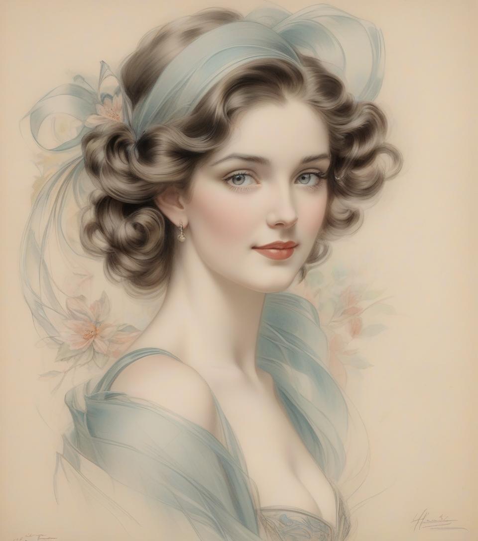  portrait of a beautiful woman, harrison fisher, colored pencil art, black pencil on antique paper, intricate detail.