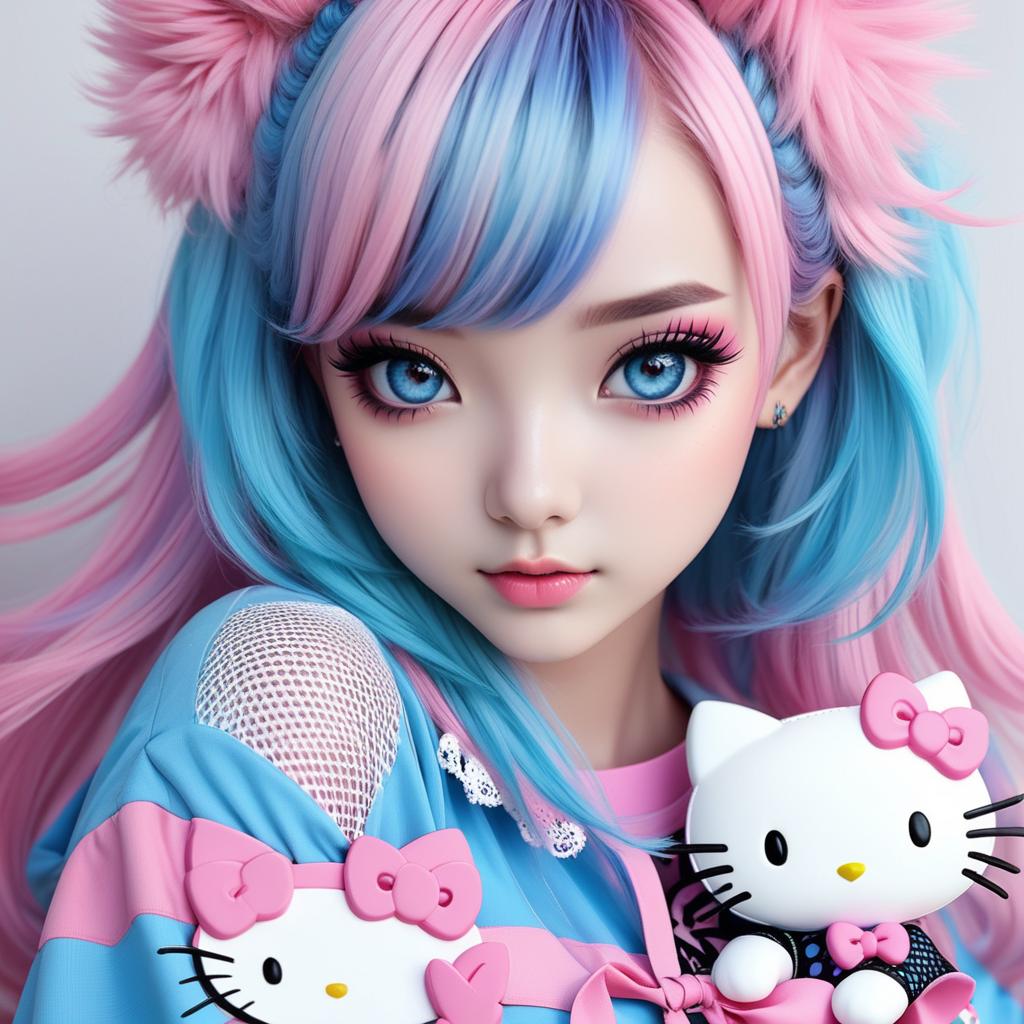  a girl with half blue and half pink hair and half blue and half pink eyes alt emo kawaii goth style with fishnets and hellokitty shirt photo realistic, highly intricate and detailed, masterpiece, ultra high res,photography,8k resolution