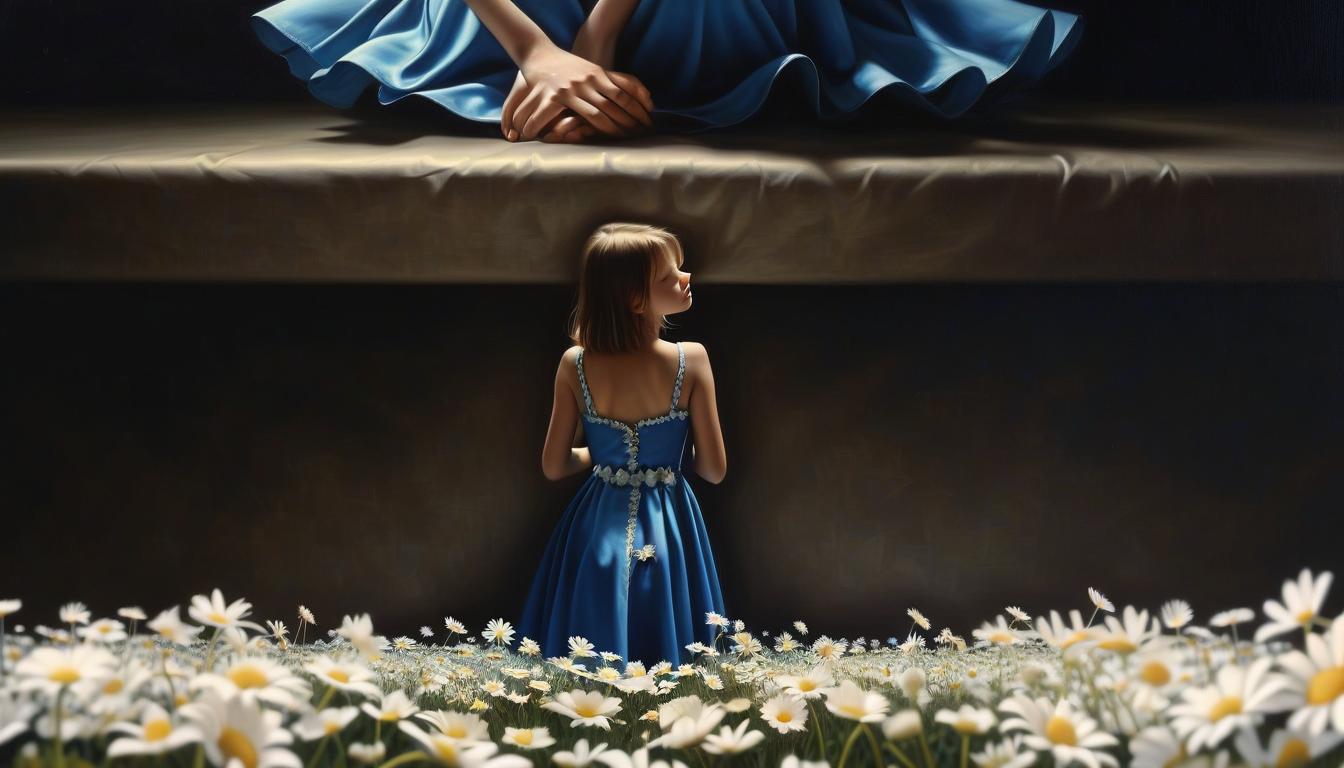  hyperrealistic art a girl in a blue dress, the dress depicts a lot of daisies. it's dark. . extremely high resolution details, photographic, realism pushed to extreme, fine texture, incredibly lifelike, perfect hands