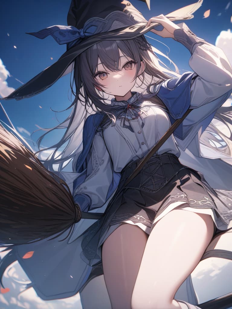  flying in the sky, riding a broom, sitting on a broom, witch, holding a hat, girl, masterpiece, best quality,8k,ultra detailed,high resolution,an extremely delicate and beautiful,hyper detail