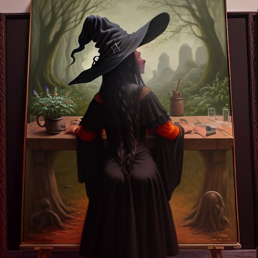   witch , in full growth, looking at the camera, view from the back, oil painting