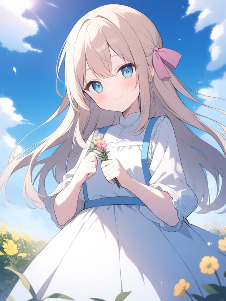  "a girl with a straight hair with a pink ribbon tied to her hair. she shows a bright smile, her gentle and large eyes shine. wearing a fluffy dress, natural. the bright flowers bloom around her while picking up the flowers, and the overall atmosphere of the blue sky and white. is full.