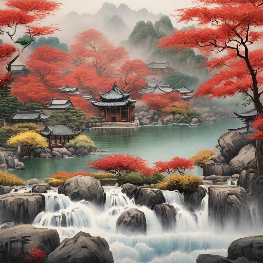  masterpiece, best quality,Please draw a landscape painting, including buildings and trees in the upper water, and make it visible from a distance in the style of "Zheng Cong".