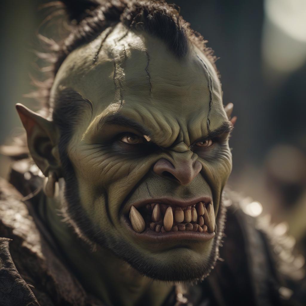  cinematic film still orc. thin, bronze skin, fangs. brown eyes, kind . shallow depth of field, vignette, highly detailed, high budget, bokeh, cinemascope, moody, epic, gorgeous, film grain, grainy