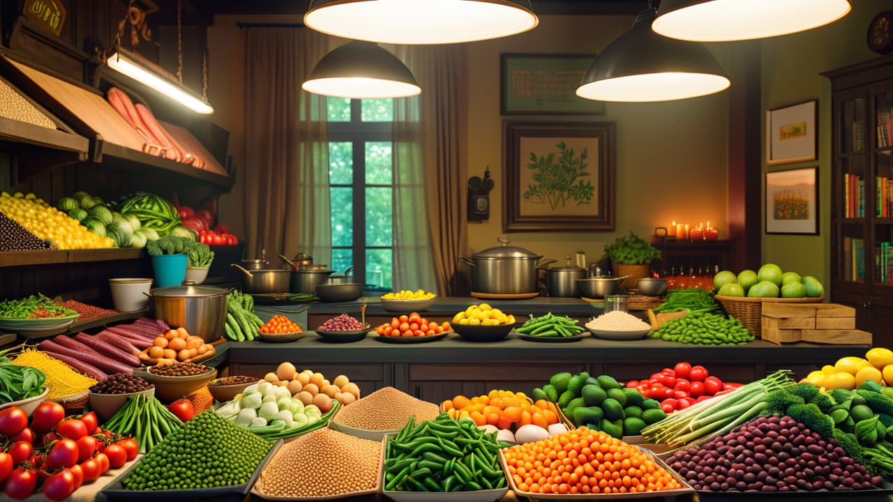  a vibrant kitchen scene showcasing a variety of fresh vegetables, legumes, and grains, while contrasting with a shadowy display of common animal products like meat, dairy, and eggs, emphasizing the vegan lifestyle visually. hyperrealistic, full body, detailed clothing, highly detailed, cinematic lighting, stunningly beautiful, intricate, sharp focus, f/1. 8, 85mm, (centered image composition), (professionally color graded), ((bright soft diffused light)), volumetric fog, trending on instagram, trending on tumblr, HDR 4K, 8K