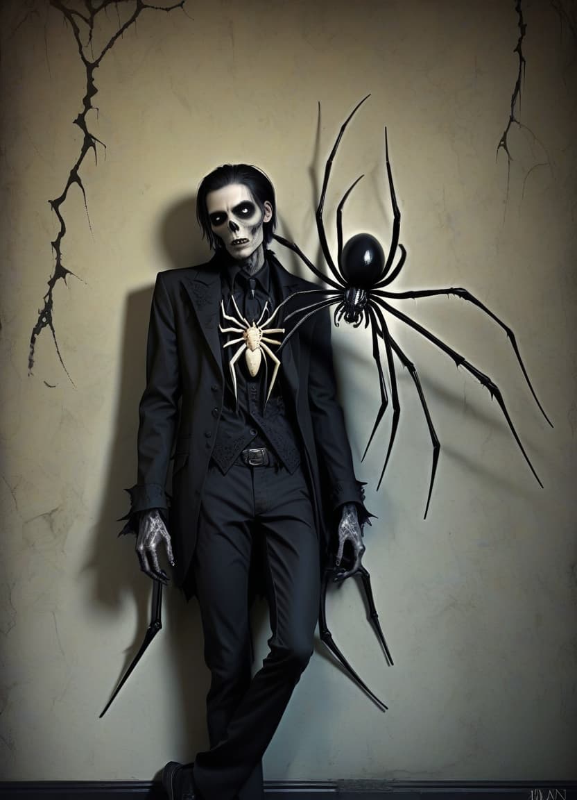  macabre style make him a man with the lower half of a spider's body . dark, gothic, grim, haunting, highly detailed