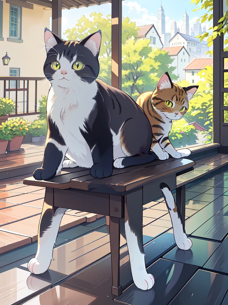  1cat,tabby cat ,the cat stood on two legs,sit on a tiled roof,cityscape,midday sunshine,, masterpiece, best quality,8k,ultra detailed,high resolution,an extremely delicate and beautiful,hyper detail