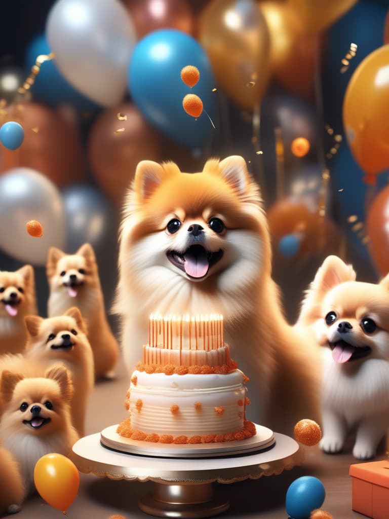  cute pomeranian, orange, smile, birthday cake 🎂, balloon 🎈, happy birthday, masterpiece, best quality,8k,ultra detailed,high resolution,an extremely delicate and beautiful,hyper detail