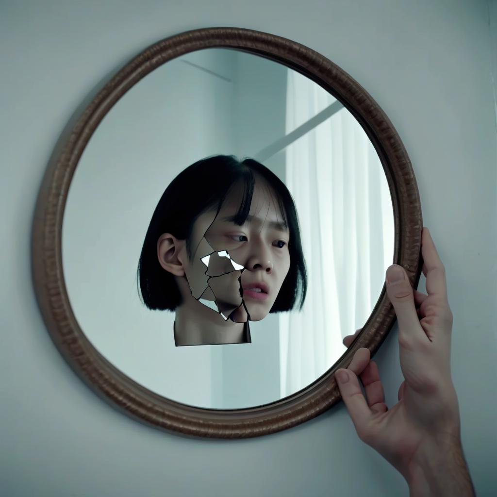  a person whose face is not reflected in a broken mirror