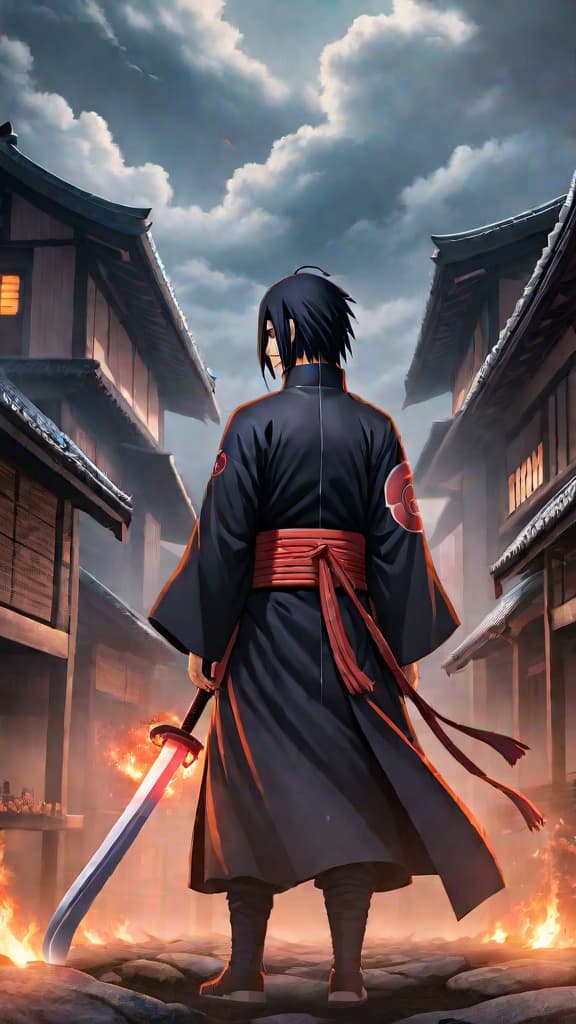  anime art depicting itachi uchiha's haunting sacrifice for his brother sasuke and konoha. hyperrealistic, full body, detailed clothing, highly detailed, cinematic lighting, stunningly beautiful, intricate, sharp focus, f/1. 8, 85mm, (centered image composition), (professionally color graded), ((bright soft diffused light)), volumetric fog, trending on instagram, trending on tumblr, HDR 4K, 8K