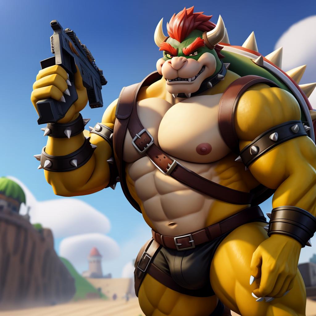  Male bowser (fortnite), full body, high quality resolution, gay, open eyes, digital art, masterpiece, 4k, fine details,