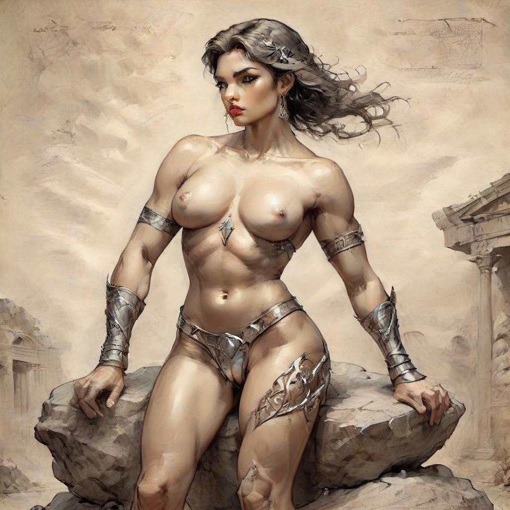  hyperrealistic art picture, professional, hyperrealistic drawing in the style of boris vallejo, julia bell, masterpiece, work of art; sitting on a stone ancient greek amazon in armor, muscular abdominal press, gracefully curved back, convex, elastic buttocks, muscular shins. mysticism, fantasy, atmospheric, filigree, ideal detailing of the image, the highest quality, many details, fine drawing, attention to detail. professional drawing in the style of boris vallejo, julia bell, masterpiece, work of art . extremely high resolution details, photographic, realism pushed to extreme, fine texture, incredibly lifelike, on parchment, oil painting