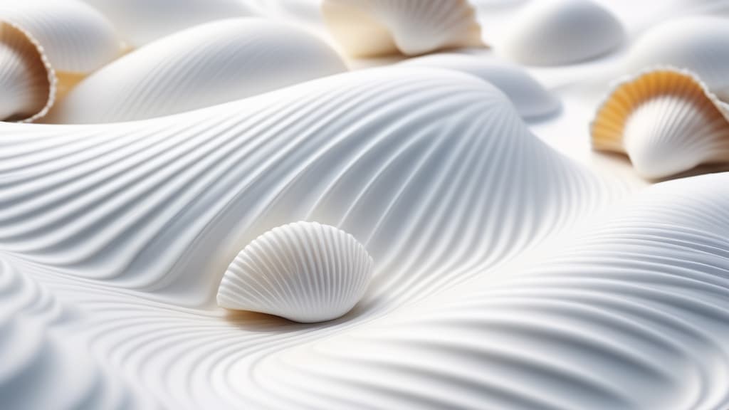  Abstract flowing waves with white seashells on white background ar 16:9 high quality, detailed intricate insanely detailed, flattering light, RAW photo, photography, photorealistic, ultra detailed, depth of field, 8k resolution , detailed background, f1.4, sharpened focus