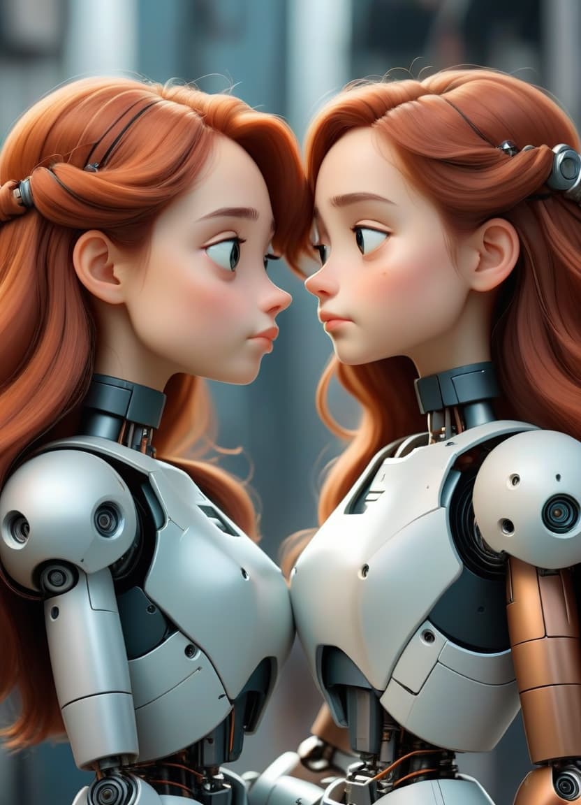   cute sisters on the lips. looking at each other. hugs. . lips . cheeks are plump. the faces are beautiful. they have the bodies of robot s.