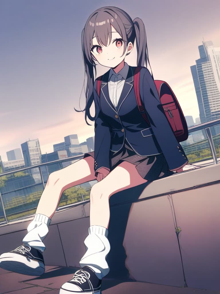  junior high s, blazer, mini s, twin tails, cute smiles, backpacks, ultra long loose socks, bottom sneakers, city landscape,