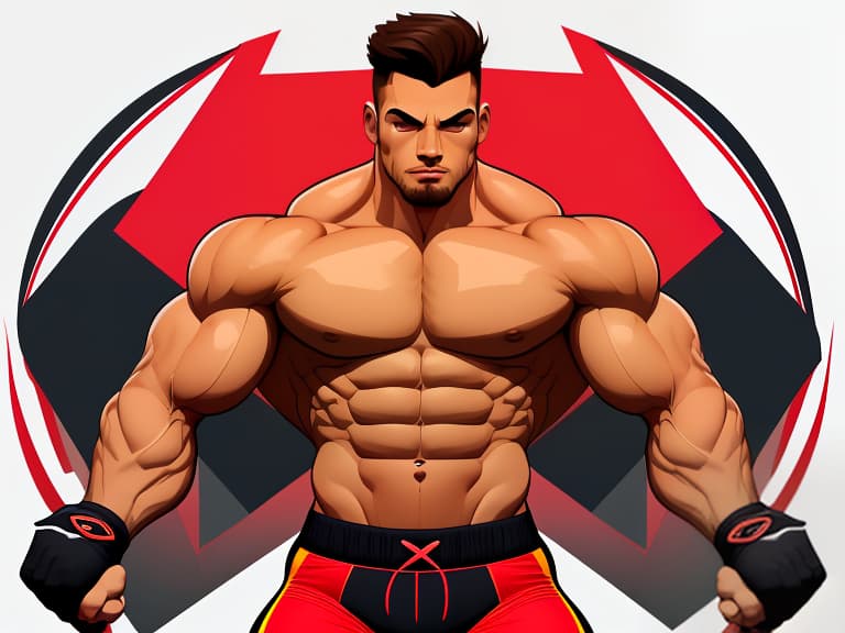  a muscular man with an open torso and wearing tight shorts., (logo:1.3), vector graphics, brand, design, inspired, (straight:1.3), (symmetrical:0.4)