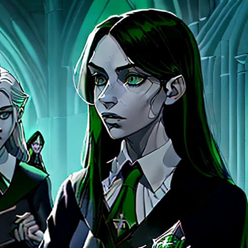   girl in a slytherin uniform. the girl has dark straight long hair. white skin. european girl. the girl has green eyes. next to her is handsome tall confident darkhair from a slytherin.they look at each other. they do magic with magic wands. they're wearing slytherin uniforms. the action takes place in the main hall of hogwarts. it's night outside the window.a neon. anime and realistic style.