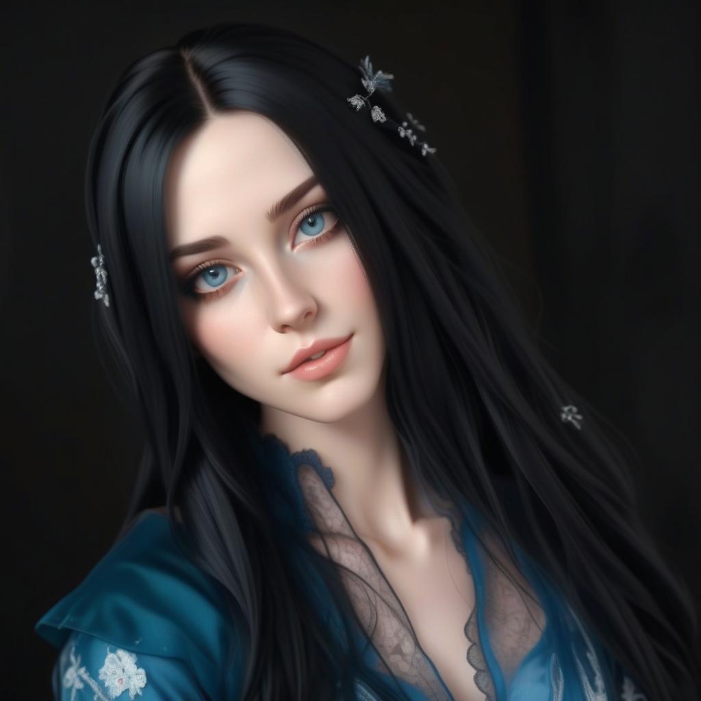   very realistic , with black long hair, with a gentle look