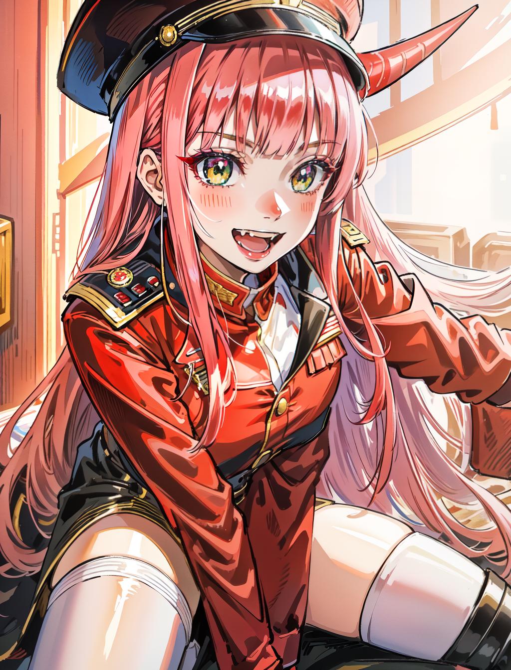  close up, solo, masterpiece, best quality, 1 female, zero two, long straight pink hair, fangs, crazy smile, green eyes, all red military jacket with officer cap, long red thin straight horns, thigh highs