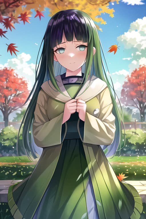  green eyes,colorful,autumn,cumulonimbus clouds,lighting,blue sky,falling leaves,garden,(hinata hyuga:1.3), shy, (masterpiece), (highest quality), (intricate), (high detail)