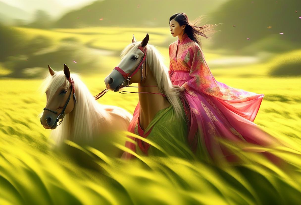  concept art girl rides horse in lush dress across field, asian woman . digital artwork, illustrative, painterly, matte painting, highly detailed