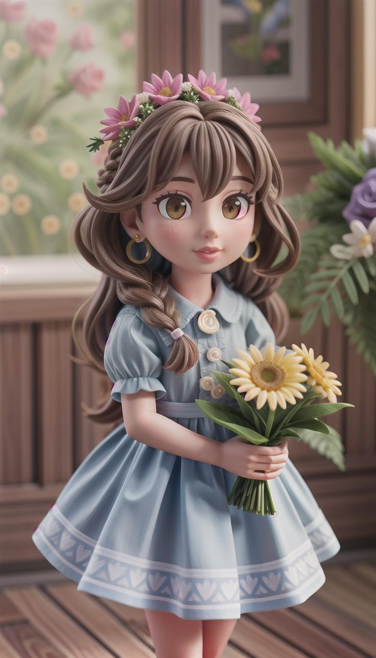  masterpiece, high quality best quality, close up, 1 girl, bouquet, braid, brown eyes, christmas tree, daisy, depth of field, dress, earrings, flowers, focus, hairstyle, hairstyle, holding bouquet, jewelry, lips, viewing camera, motion blur, necklace, photo, rose, upper body hyperrealistic, full body, detailed clothing, highly detailed, cinematic lighting, stunningly beautiful, intricate, sharp focus, f/1. 8, 85mm, (centered image composition), (professionally color graded), ((bright soft diffused light)), volumetric fog, trending on instagram, trending on tumblr, HDR 4K, 8K