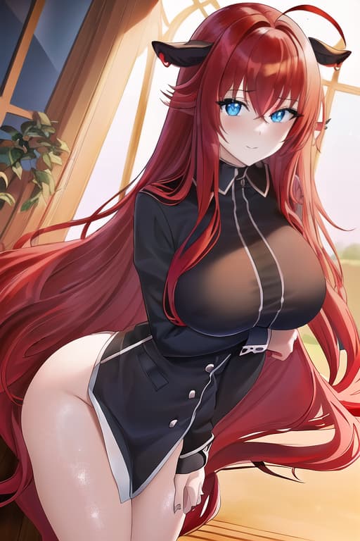  ,masterpiece, best quality, 1women, long red hair, looking at viewer, :3, cute, black uniform, outdoors, streets, cow shot, curvy, (((blue eyes))), rias gremory, red hair, antenna hair, wavy hair, ((beautiful detailed eyes, beautiful detailed glow, lots of glow)), anime screencap