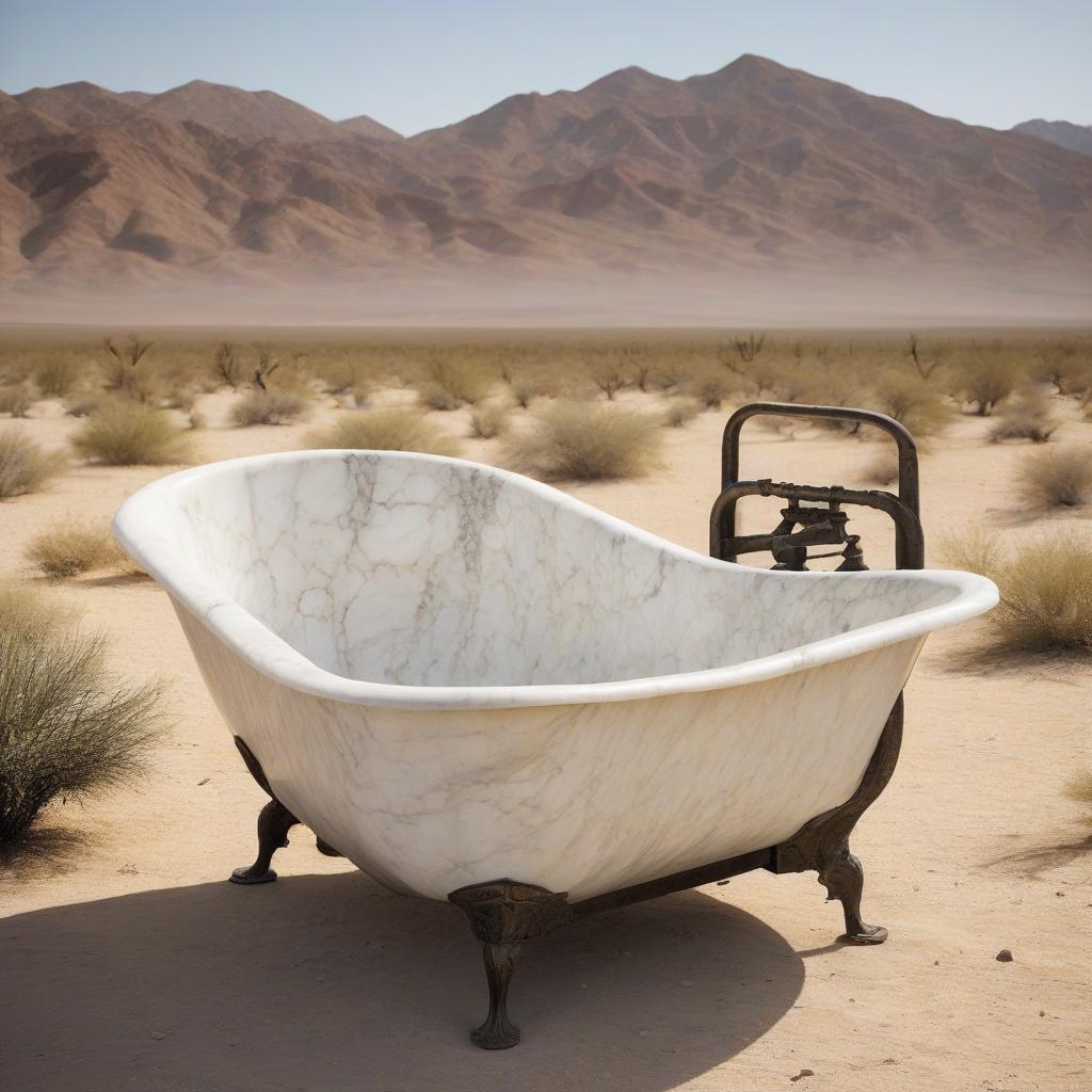  an antique marble steamer tub drags across the desert on iron legs.