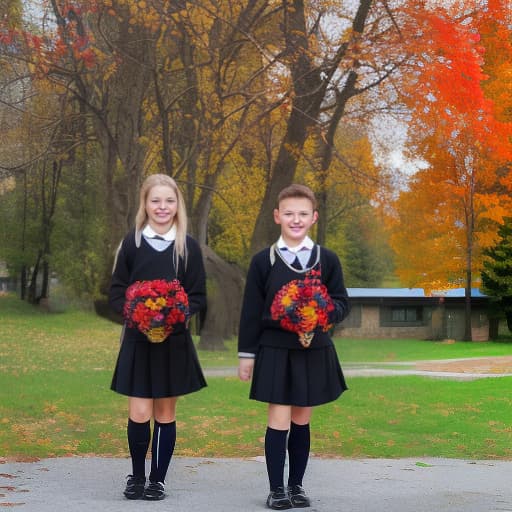 dvarchmodern happy russian schoolboy and schoolgirl in black school uniform with bouquets smile go to school around autumn bright leaves sunshine murmansk