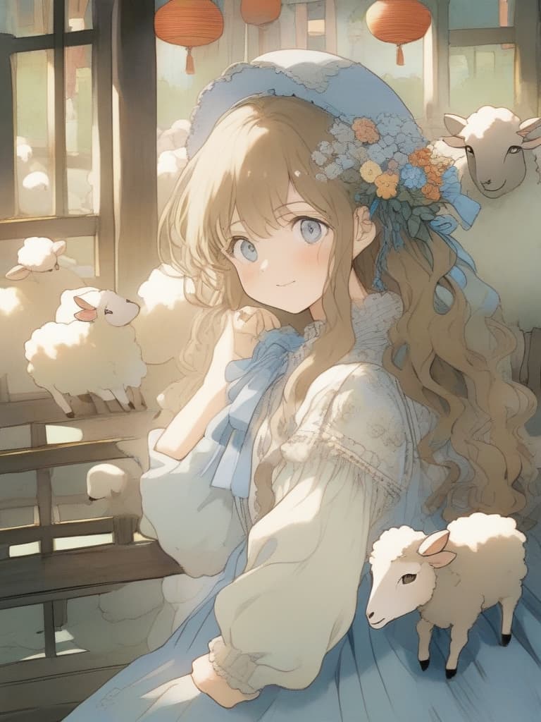  masterpiece,solo,sheep girl,fluffy hair,long curly hair,delicate light brown hair color,light shining through,delicate light blue eye color,kyoto,old style,lace round neck collar,long puff sleeves,ribbon,one piece dress,wide hem,(((pastel color )))),gentle colors,flowers,high quality,16k