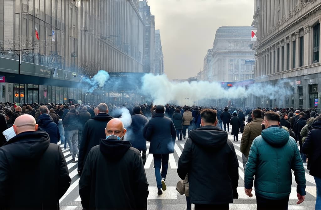  professional detailed photography, many people rush to work in the morning, the street is filled with people near the metro, everyone smokes vapes, there is a thick smog in the air from smoking, view from above ar 3:2, (muted colors, dim colors, soothing tones), (vsco:0.3)