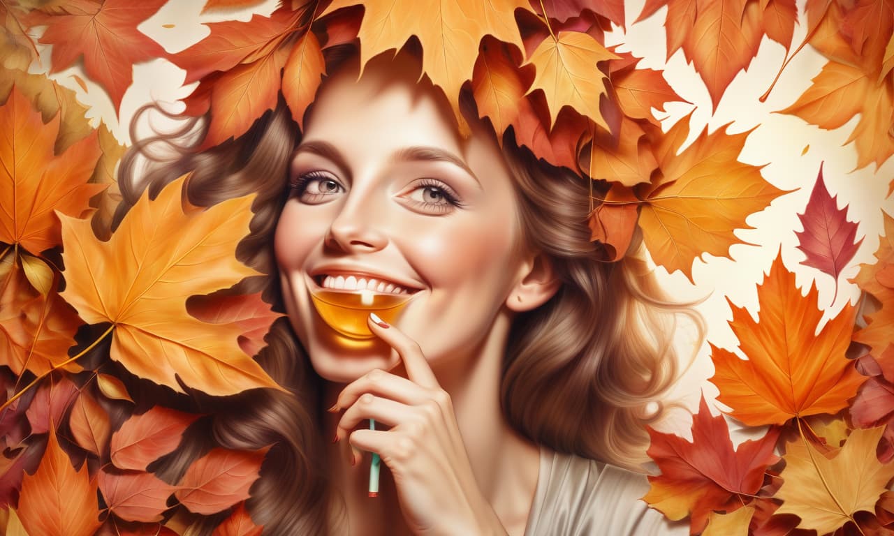  woman drinking smiling through bouquet of autumn leaves eyes shining pencil drawing