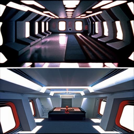  interior designs inside the original space station from the James Bond movie Moonraker (1979)designed by art director Ken Adam ,soft lightning, 8k