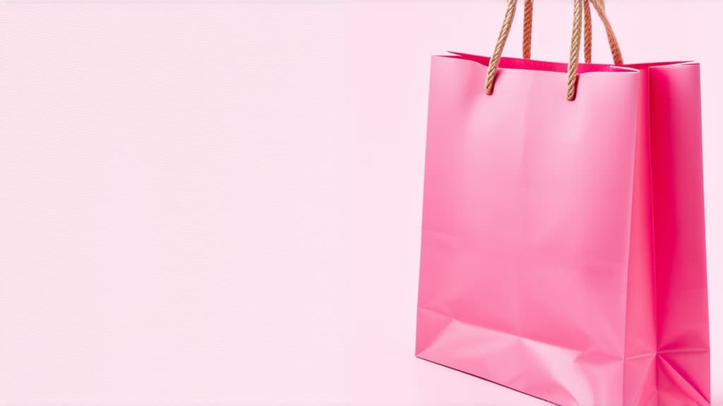  pink smooth paper shopping bag with two paper handles. lots of free space at the top and bottom. the bag is on the right in 1/3 of the picture. pink pastel background. pastel colors. 2/3 of free space on the left ar 16:9 {prompt}, maximum details