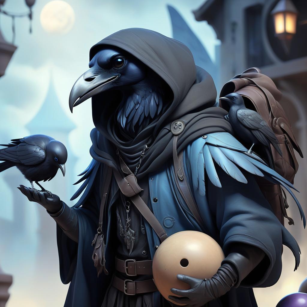  ethereal fantasy concept art of black with blue tint humanoid with raven head alchemist, rags and leather cloak with lots of pockets, tourist back pack bag with pockets, black bowling ball in birds alike hand . magnificent, celestial, ethereal, painterly, epic, majestic, magical, fantasy art, cover art, dreamy