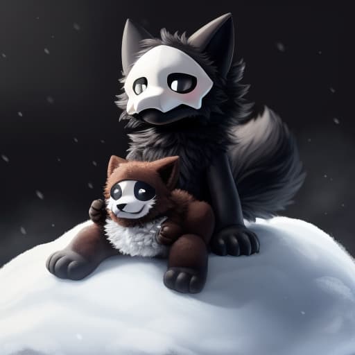  Puro And Enderdragon, Duo, Sitting on other, Puro With Brown fur, Snowy, lying, cute, Snow Eviroment, Puro with fluffy body and mega fluffy tail, open eyes, masterpiece, 4k, fine details,