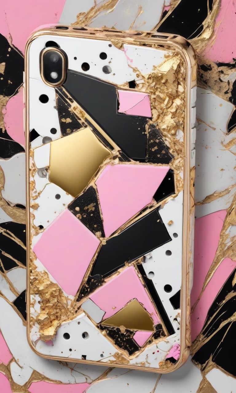  concept art black, white, gold, pink broken phone on a black and gold background . digital artwork, illustrative, painterly, matte painting, highly detailed, perfect hands