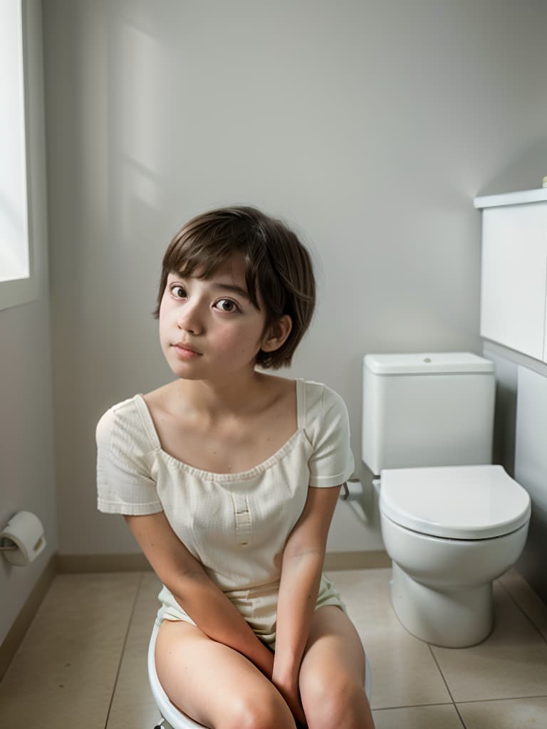  1st grade in elementary school, short hair, girl sitting in the toilet seat, bare, masterpiece, best quality,8k,ultra detailed,high resolution,an extremely delicate and beautiful,hyper detail